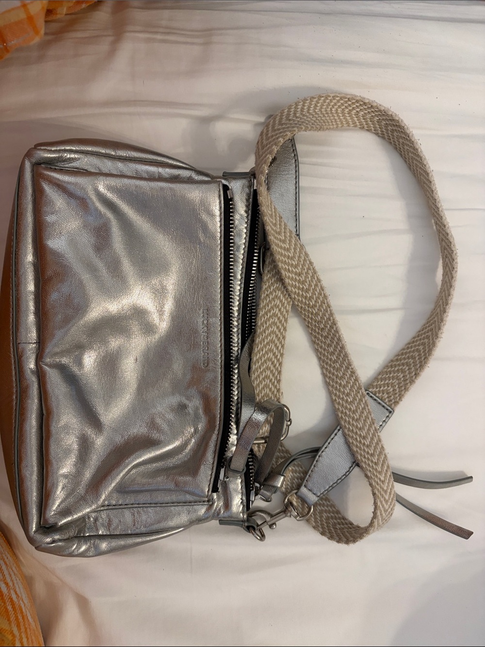 Lucky Brand Metallic Silver Crossbody with Beige Woven Strap